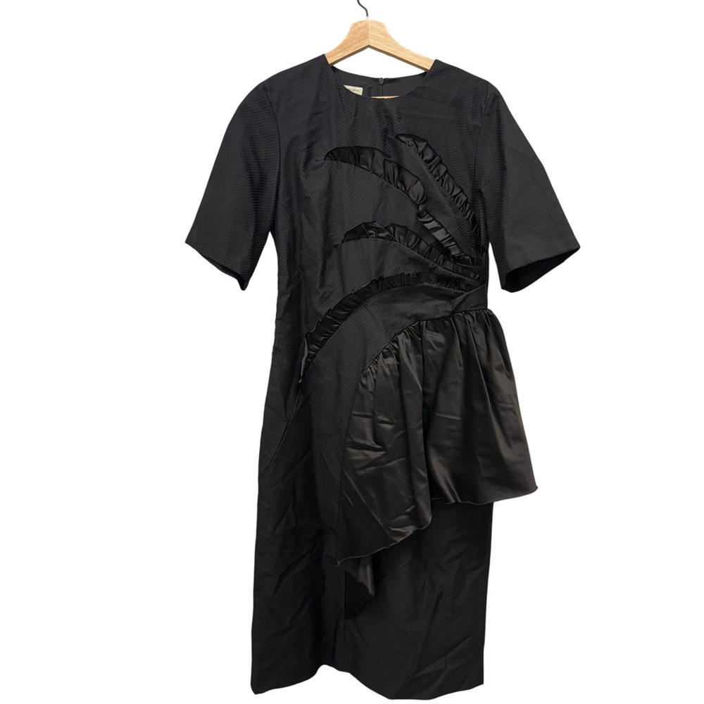 Dries Van Noten Damme Dress Black Textured Satin Ruffle Asymmetric Size 40